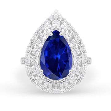 Teardrop Cocktail Ring Pear Simulated Blue Sapphire CZ 925 Sterling Silver
